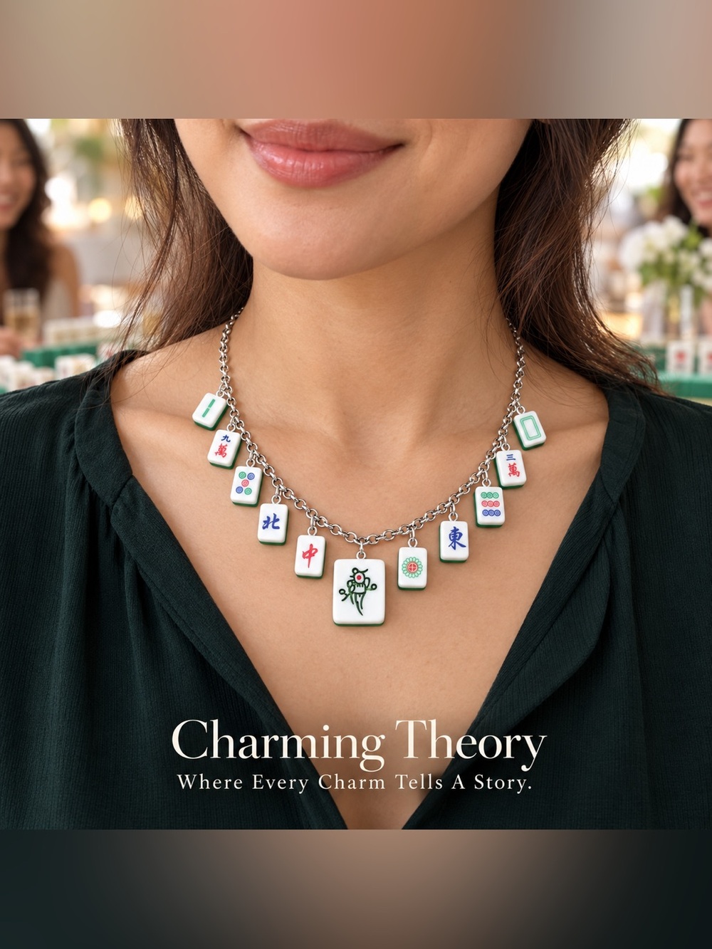 Mahjong Necklace, Colorful Tile Charm Jewelry, Bird Tile Pendant Game Night Gift